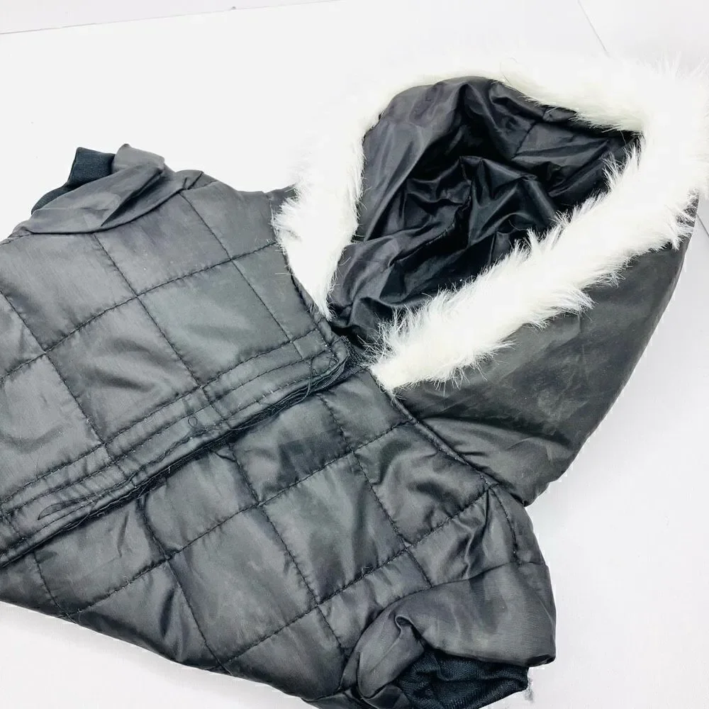 Small Dog Puffer Sleeveless Vel cro Fastened Fur Hoodie In Black